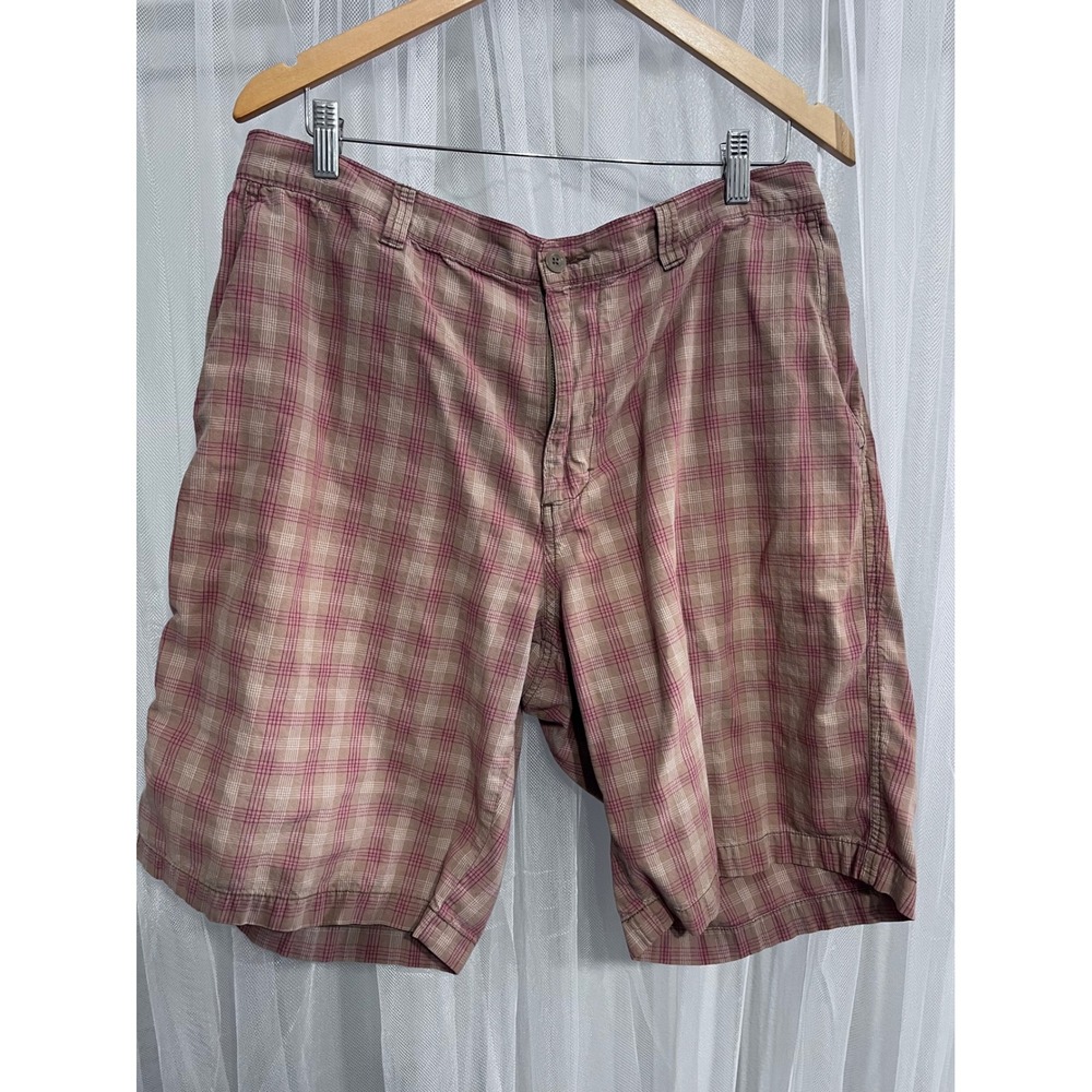 Perry Ellis Cottons Mens 36 Plaid Shorts Tan Pink 100% Cotton Flat‎ Front Casual